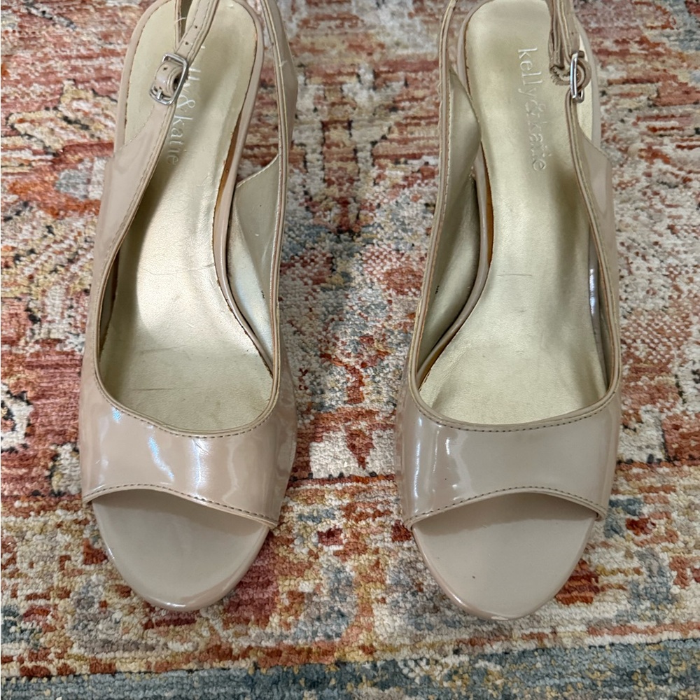 Kelly & Katie Nude Patent Peep Toe Heels